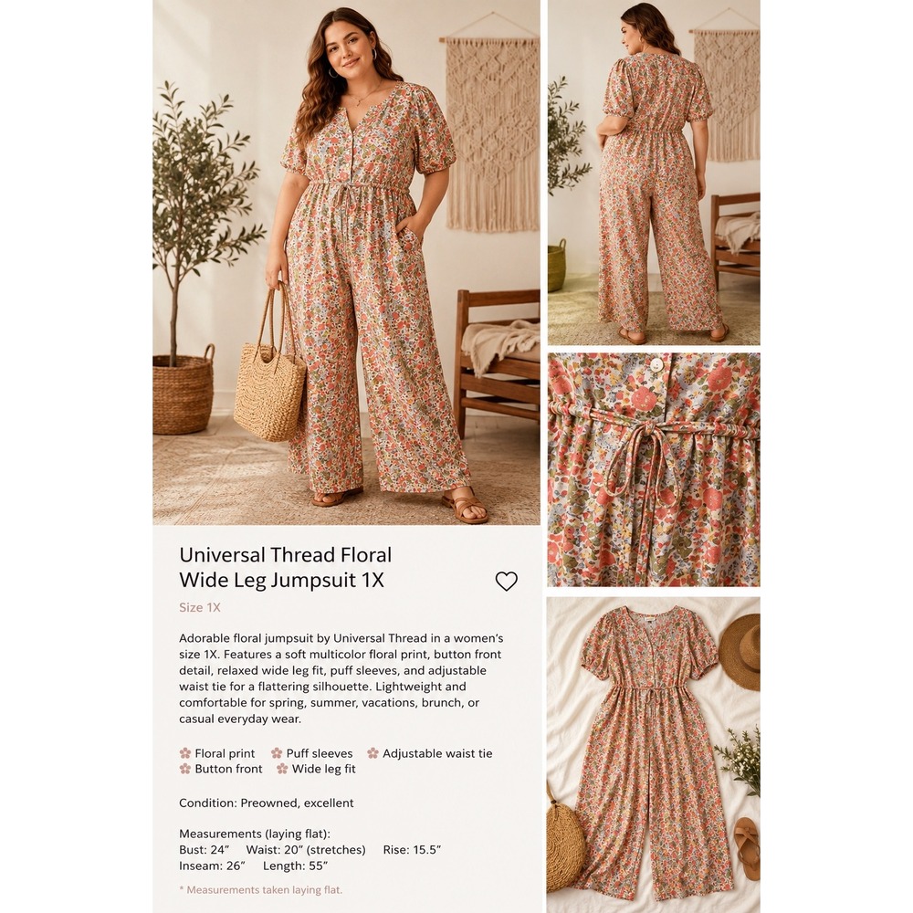 Universal Thread Pink Floral Wide Leg Jumpsuit 1X Short Sleeve Button Front